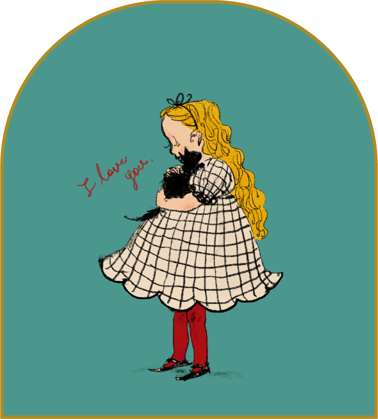 くらはしれいキャラクターイラスト（アーチ型ティール背景・アリス風少女と黒猫）